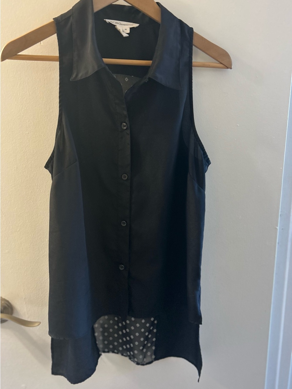 BCBGeneration Black Sleeveless Button-Up Blouse with Polka Dot Back